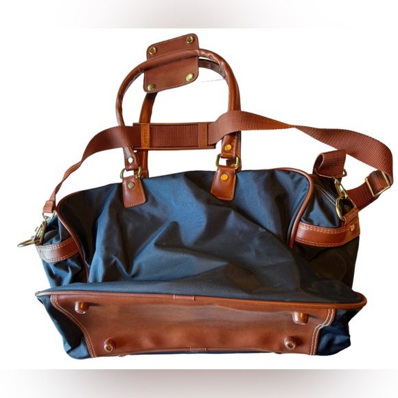 Vintage 80s Jaguar Navy Blue Brown Weekender Overnighter Duffel Bag Travel - Picture 2 of 12
